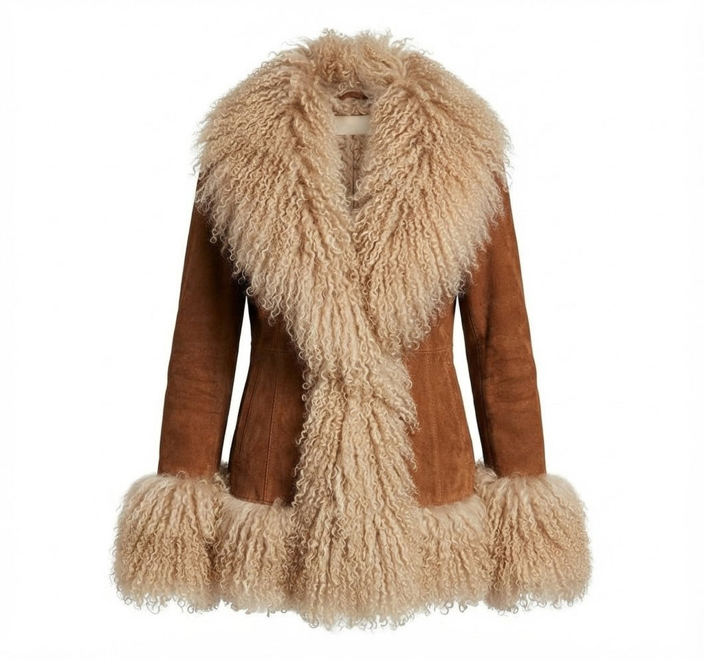 Brown suede & beige fur