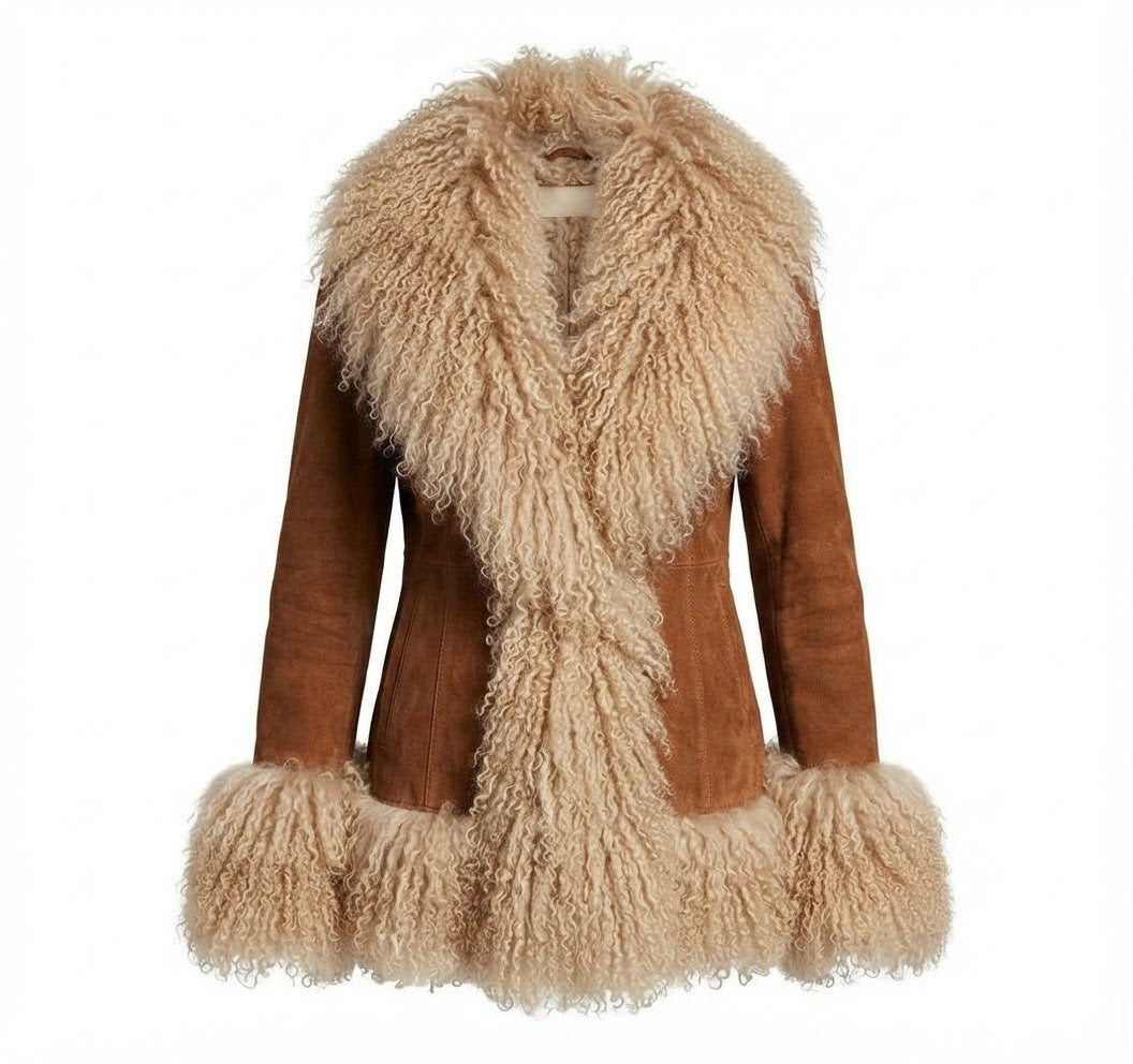 Brown suede & beige fur