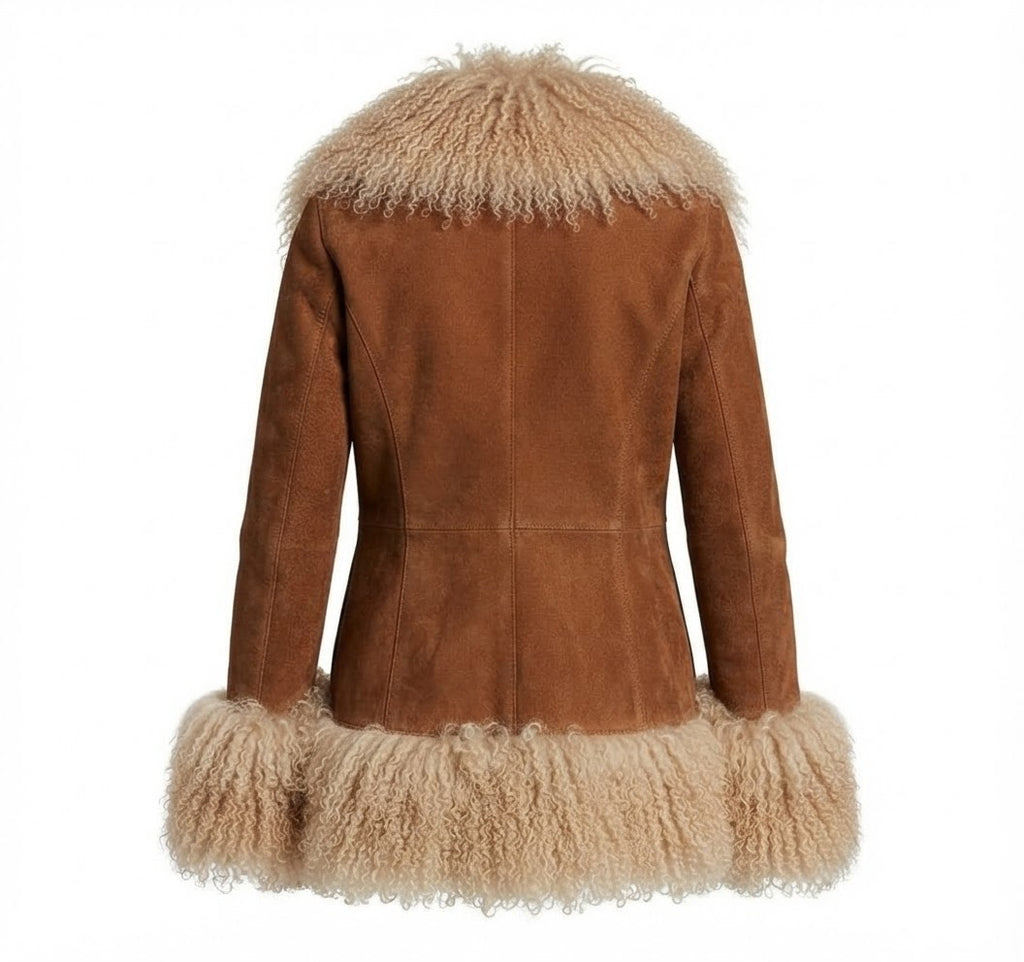 Brown suede & beige fur